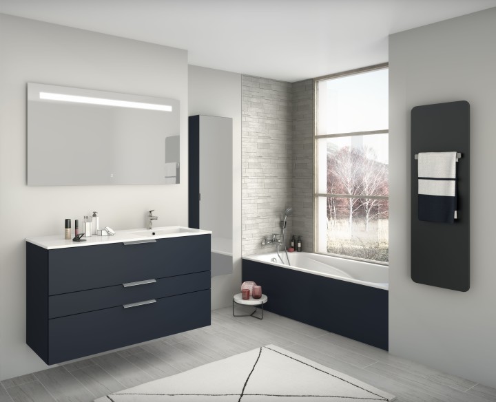 Ensemble meuble bas Graphic H 69 cm, plan vasque à gauche ou à droite, et miroir lumineux