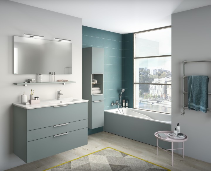 Ensemble meuble bas Graphic H 69 cm, plan vasque à gauche ou à droite, miroir et applique led