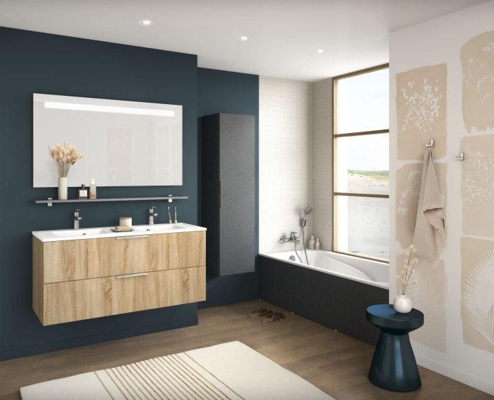Ensemble meuble bas Graphic H 69 cm x L 120 cm, plan double vasque et miroir lumineux