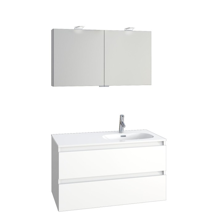 Ensemble meuble bas Intuitive L 100 cm avec plan vasque Ceramique, armoire de toilette et applique led