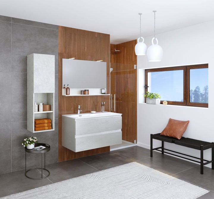 Ensemble meuble bas Intuitive L 100 cm avec plan vasque Ceramique, armoire de toilette et applique led