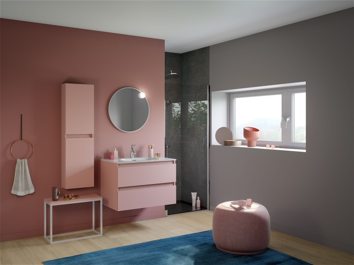 Ensemble meuble bas Intuitive L 80 cm avec plan vasque simple, miroir rond et applique led