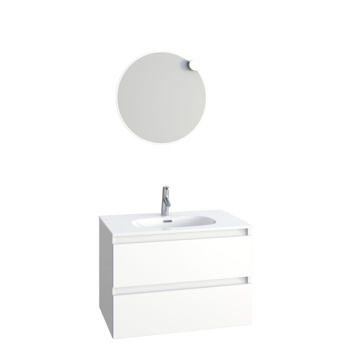 Ensemble meuble bas Intuitive L 80 cm avec plan vasque simple, miroir rond et applique led