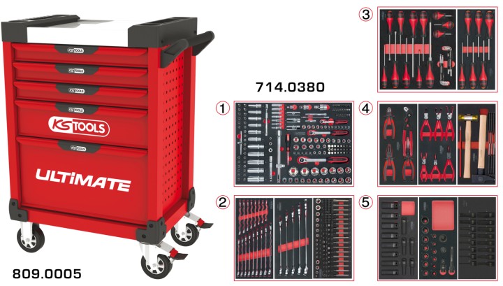 Servante rouge 5 tiroirs 384pc
