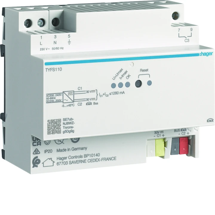 Alimentation modulaire 1x30 VDC KNX protégée + 1x30 VDC puissance totale 1280 mA