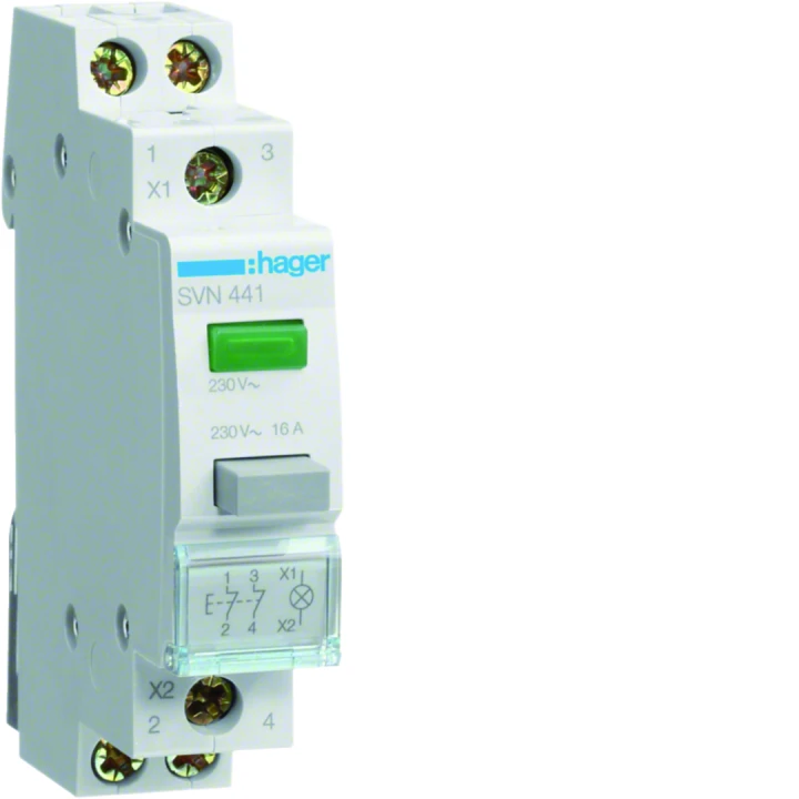Bouton poussoir à impulsion 2O+0F 16A + voyant LED 230 - 230VAC Vert 1 module