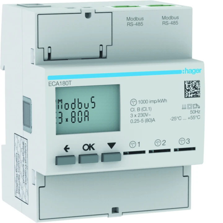 Compteur d'énergie monophasé 3x80A communiquant MOBDUS RS485 bornes RJ45 MID