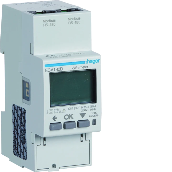 Compteur d'énergie monophasé 80A communiquant MOBDUS RS485 bornes RJ45 MID