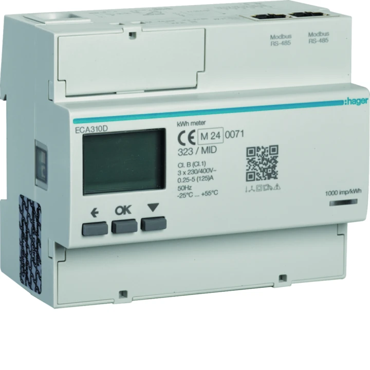 Compteur d'énergie triphasé 125A communiquant MOBDUS RS485 bornes RJ45 MID