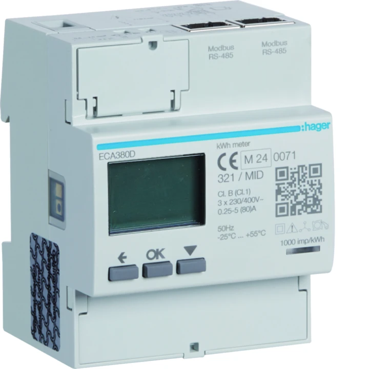 Compteur d'énergie triphasé 80A communiquant MOBDUS RS485 bornes RJ45 MID