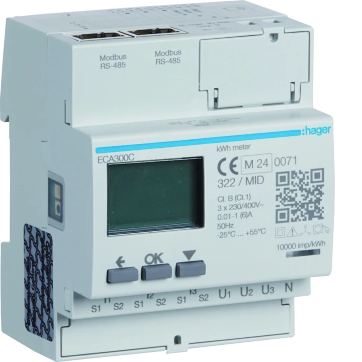 Compteur d'énergie triphasé indirect 5A MOBDUS RS485 bornes rapides RJ45 MID