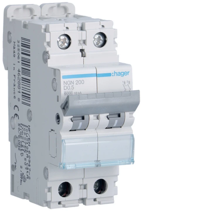 Disjoncteur 0,50A 2P 6-10kA Courbe D 2modules