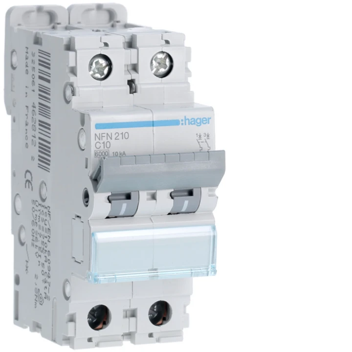 Disjoncteur 10A 2P 6-10kA Courbe C 2modules