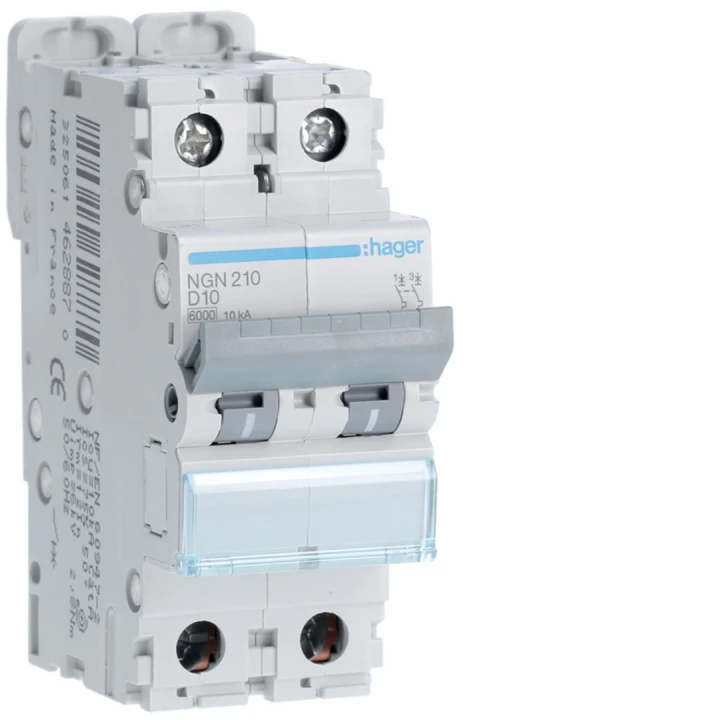 Disjoncteur 10A 2P 6-10kA Courbe D 2modules