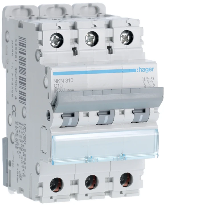 Disjoncteur 10A 3P 10-15kA Courbe C 3modules