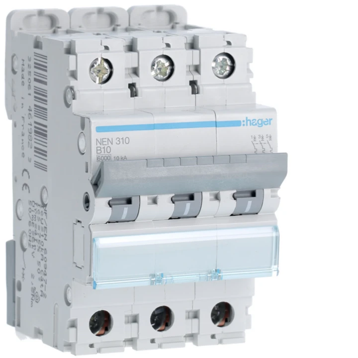 Disjoncteur 10A 3P 6-10kA Courbe B 3modules