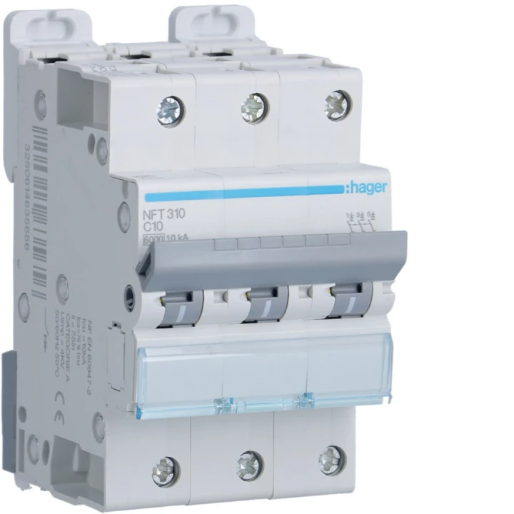 Disjoncteur 10A 3P 6-10kA Courbe C 3module