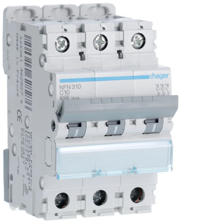 Disjoncteur 10A 3P 6-10kA Courbe C 3modules
