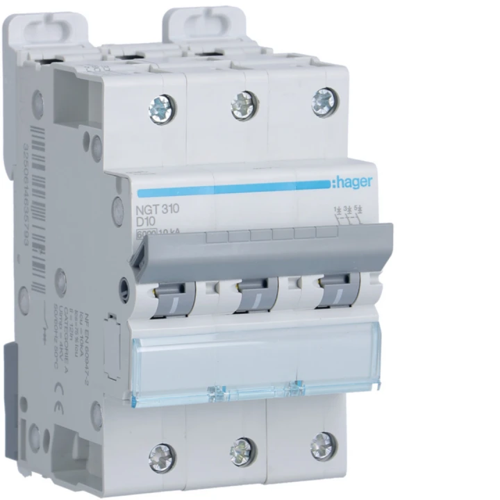 Disjoncteur 10A 3P 6-10kA Courbe D 3module