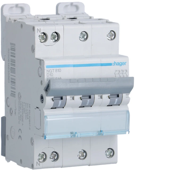Disjoncteur 10A 3P+N 6-10kA Courbe D 3module