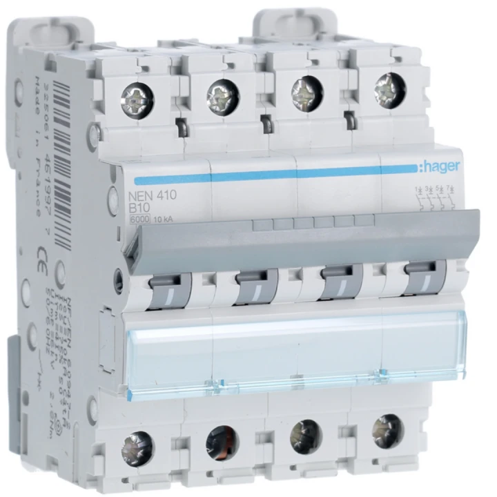 Disjoncteur 10A 4P 6-10kA Courbe B 4modules