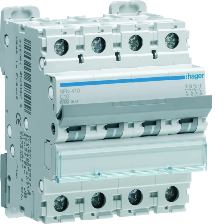 Disjoncteur 10A 4P 6-10kA Courbe C 4modules