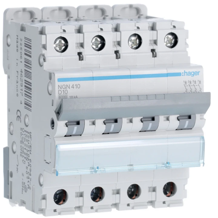 Disjoncteur 10A 4P 6-10kA Courbe D 4modules