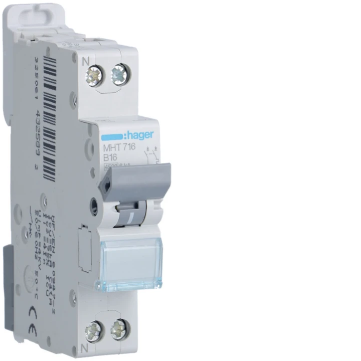 Disjoncteur 16A 1P+N 4,5-6kA Courbe B 1module