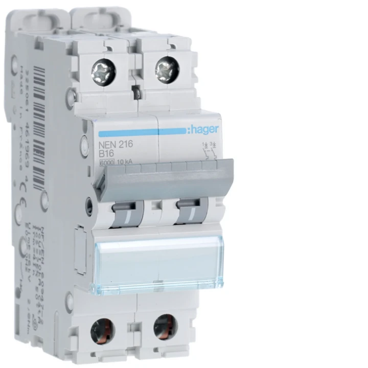 Disjoncteur 16A 2P 6-10kA Courbe B 2modules