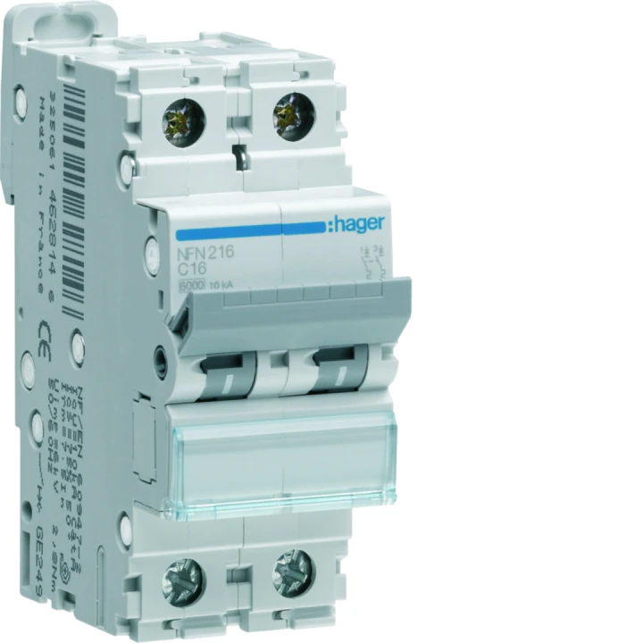 Disjoncteur 16A 2P 6-10kA Courbe C 2modules