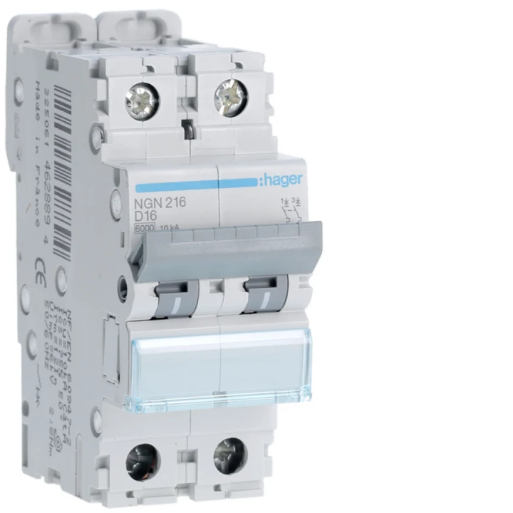 Disjoncteur 16A 2P 6-10kA Courbe D 2modules