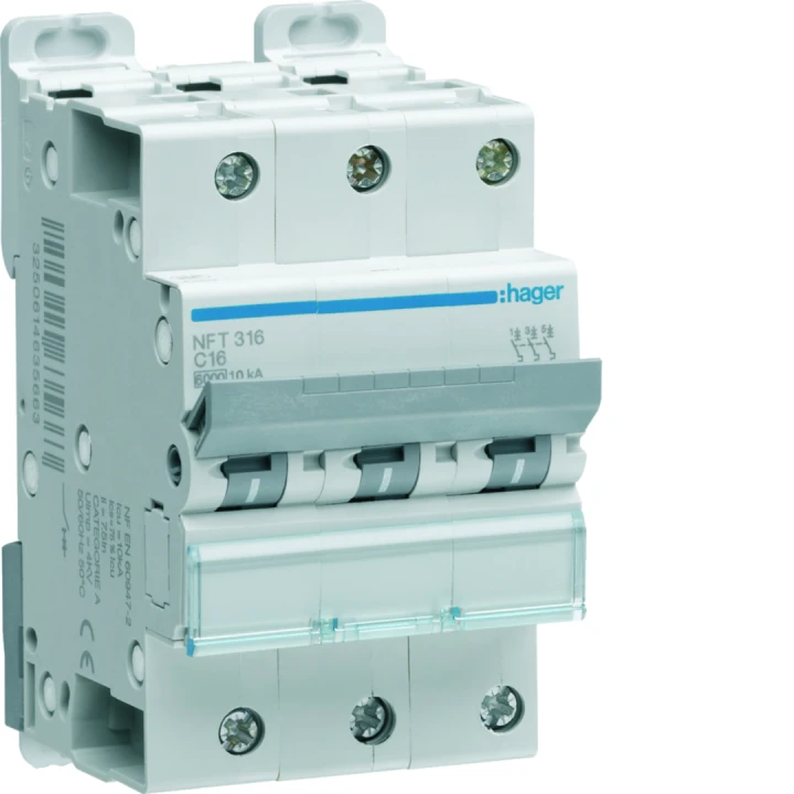 Disjoncteur 16A 3P 6-10kA Courbe C 3module