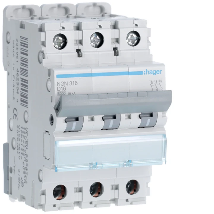 Disjoncteur 16A 3P 6-10kA Courbe D 3modules