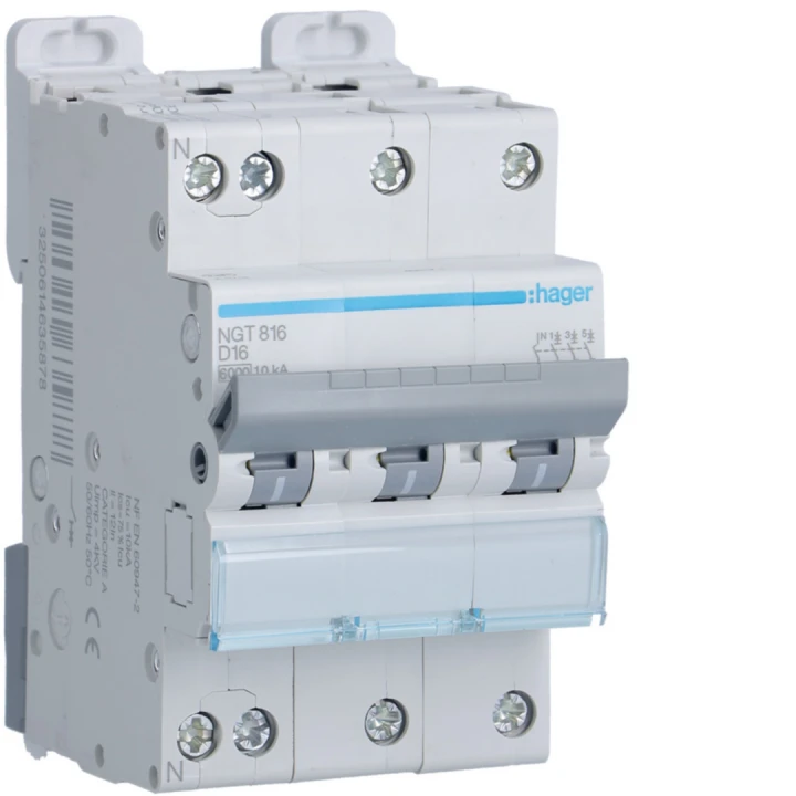 Disjoncteur 16A 3P+N 6-10kA Courbe D 3module