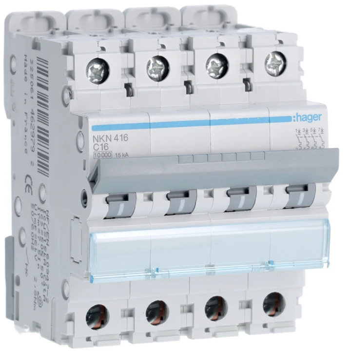 Disjoncteur 16A 4P 10-15kA Courbe C 4modules