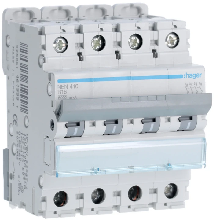 Disjoncteur 16A 4P 6-10kA Courbe B 4modules