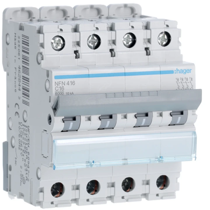 Disjoncteur 16A 4P 6-10kA Courbe C 4modules