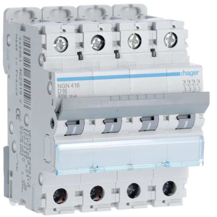 Disjoncteur 16A 4P 6-10kA Courbe D 4modules