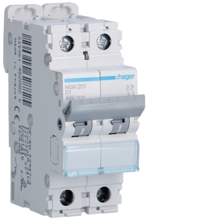 Disjoncteur 1A 2P 6-10kA Courbe D 2modules