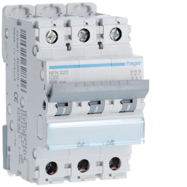 Disjoncteur 20A 3P 6-10kA Courbe C 3modules