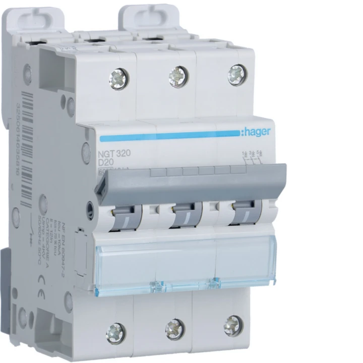 Disjoncteur 20A 3P 6-10kA Courbe D 3module