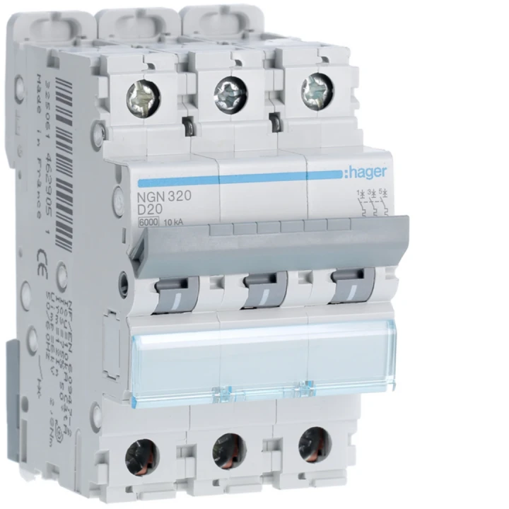 Disjoncteur 20A 3P 6-10kA Courbe D 3modules