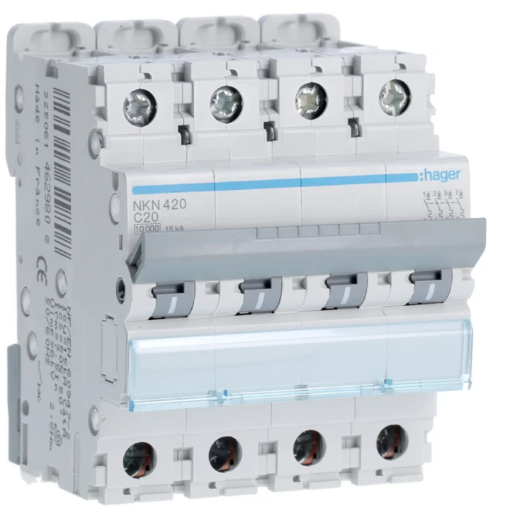Disjoncteur 20A 4P 10-15kA Courbe C 4modules