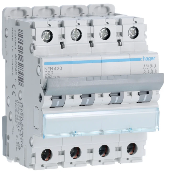 Disjoncteur 20A 4P 6-10kA Courbe C 4modules
