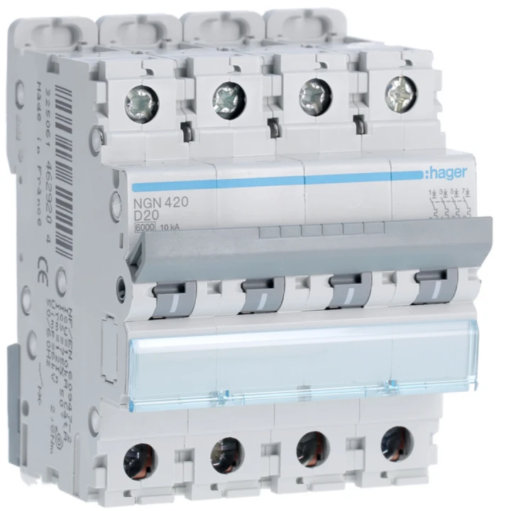 Disjoncteur 20A 4P 6-10kA Courbe D 4modules