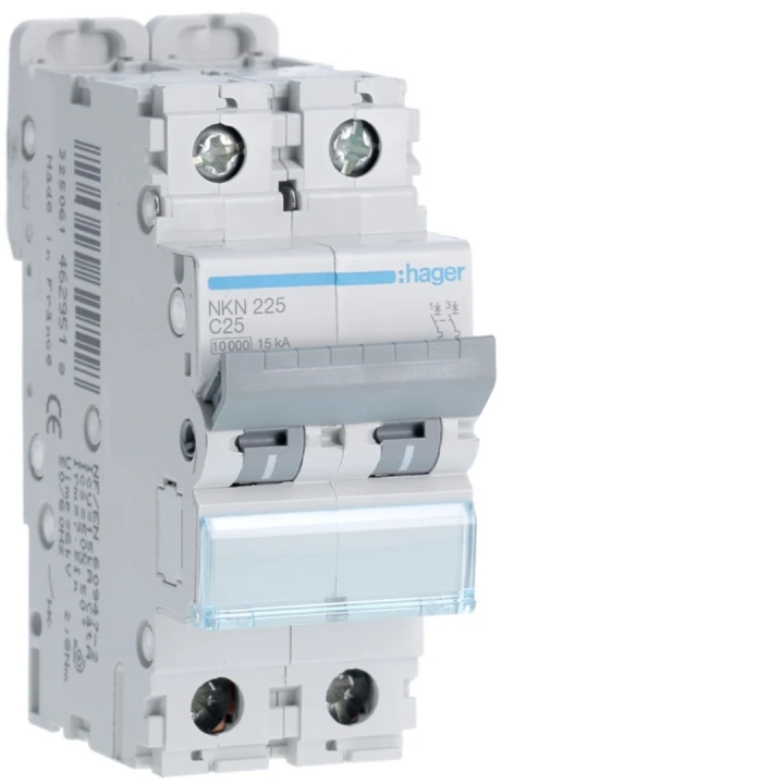 Disjoncteur 25A 2P 10-15kA Courbe C 2modules