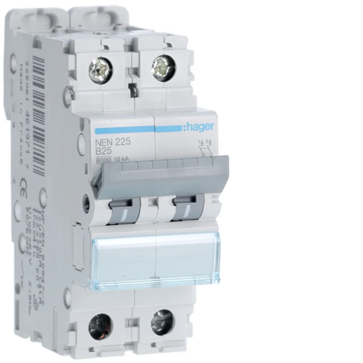 Disjoncteur 25A 2P 6-10kA Courbe B 2modules