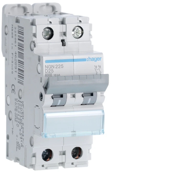 Disjoncteur 25A 2P 6-10kA Courbe D 2modules