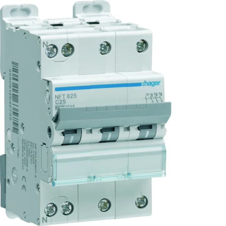 Disjoncteur 25A 3P+N 6-10kA Courbe C 3module