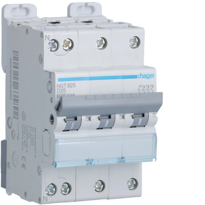 Disjoncteur 25A 3P+N 6-10kA Courbe D 3module